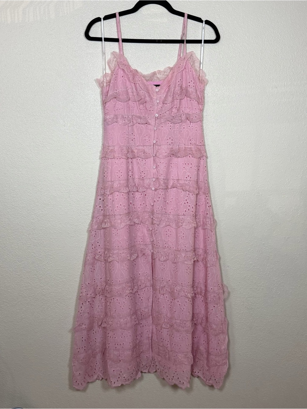 Lulus S Pink Eyelet Lace Ruffle Button Front Tiered Midi Dress Slit Coquette